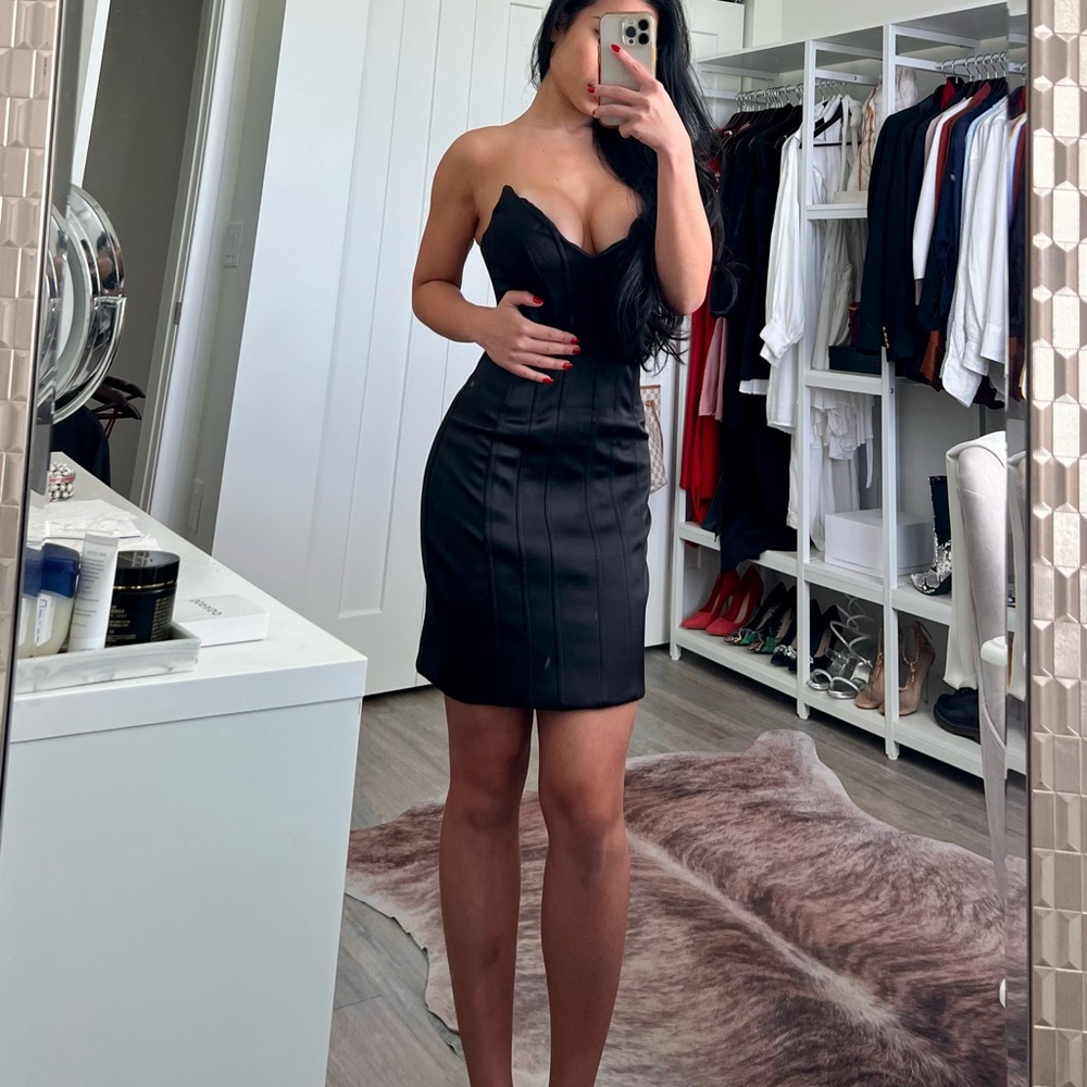 Oh Polly 
One Night Only Satin Bustier Mini Dress in Black